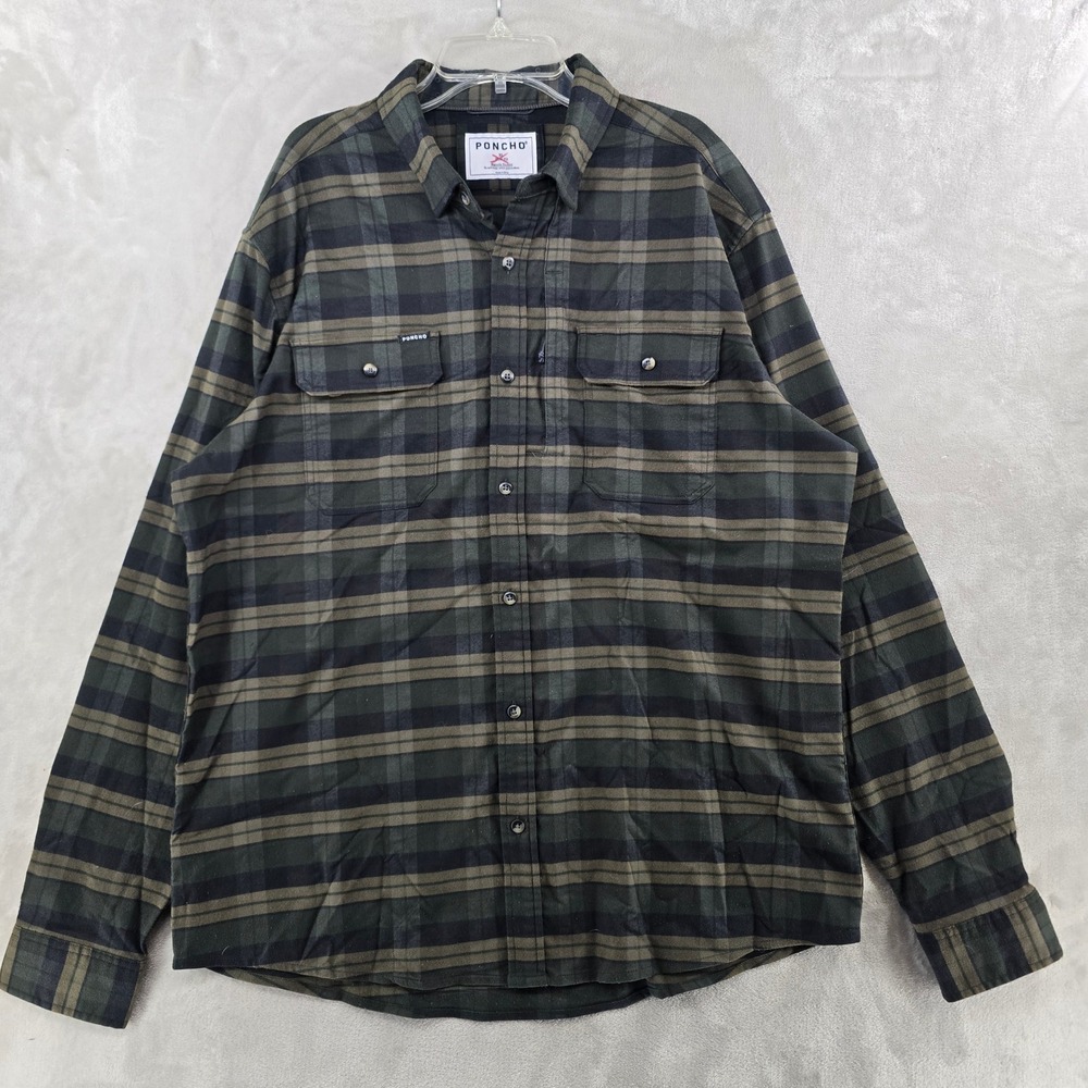 Poncho Flannel Shirt Mens XL Slim Green Plaid Magnetic Pockets Long Sleeve